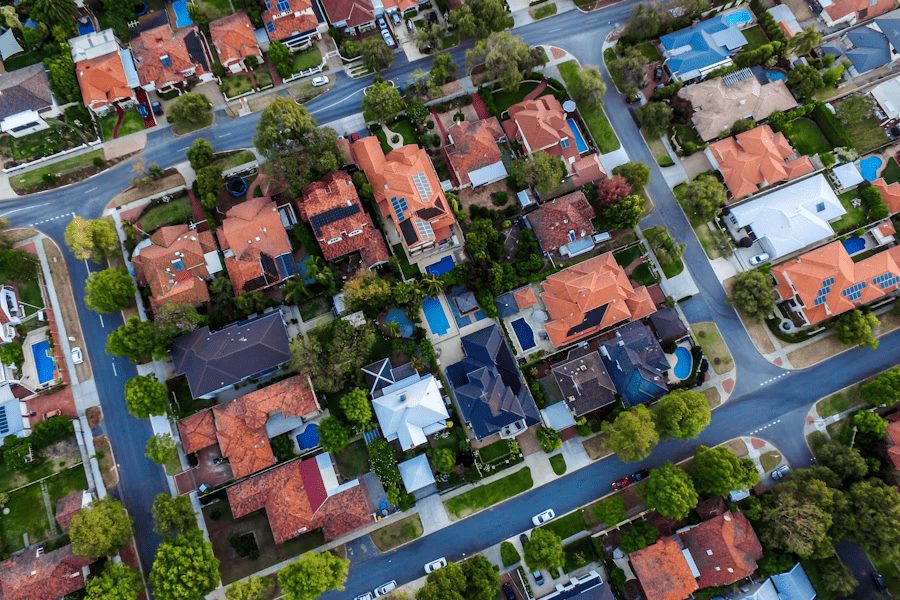 Aerial view of a residential neighborhood