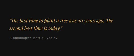 The best time to plant a tree was 20 years ago. The second best time is today. — A philosophy Morris lives by