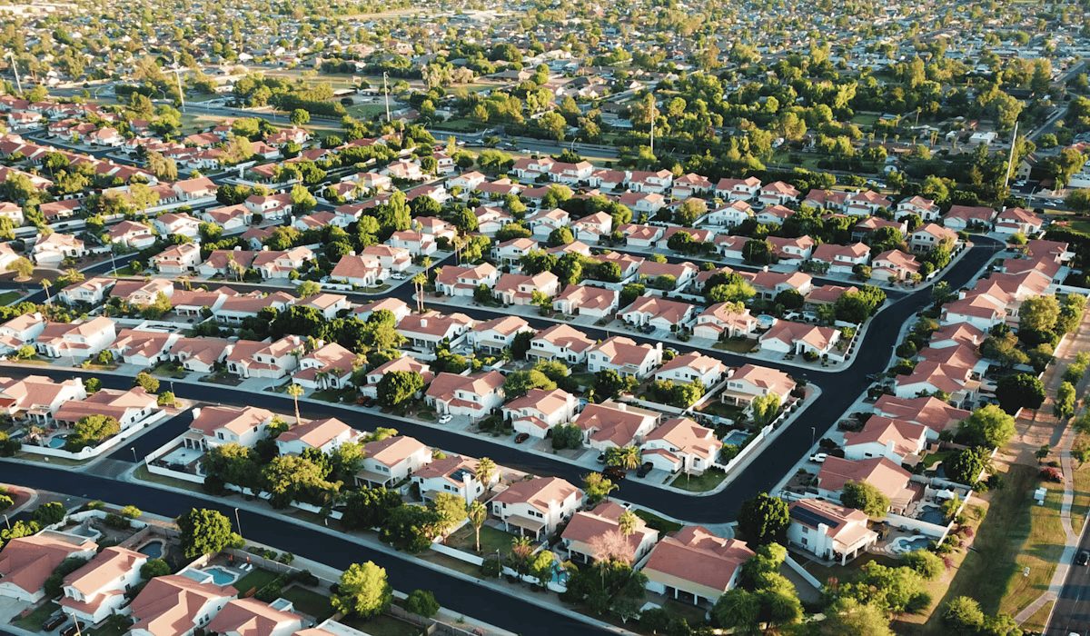 Aerial view of a suburban neighborhood